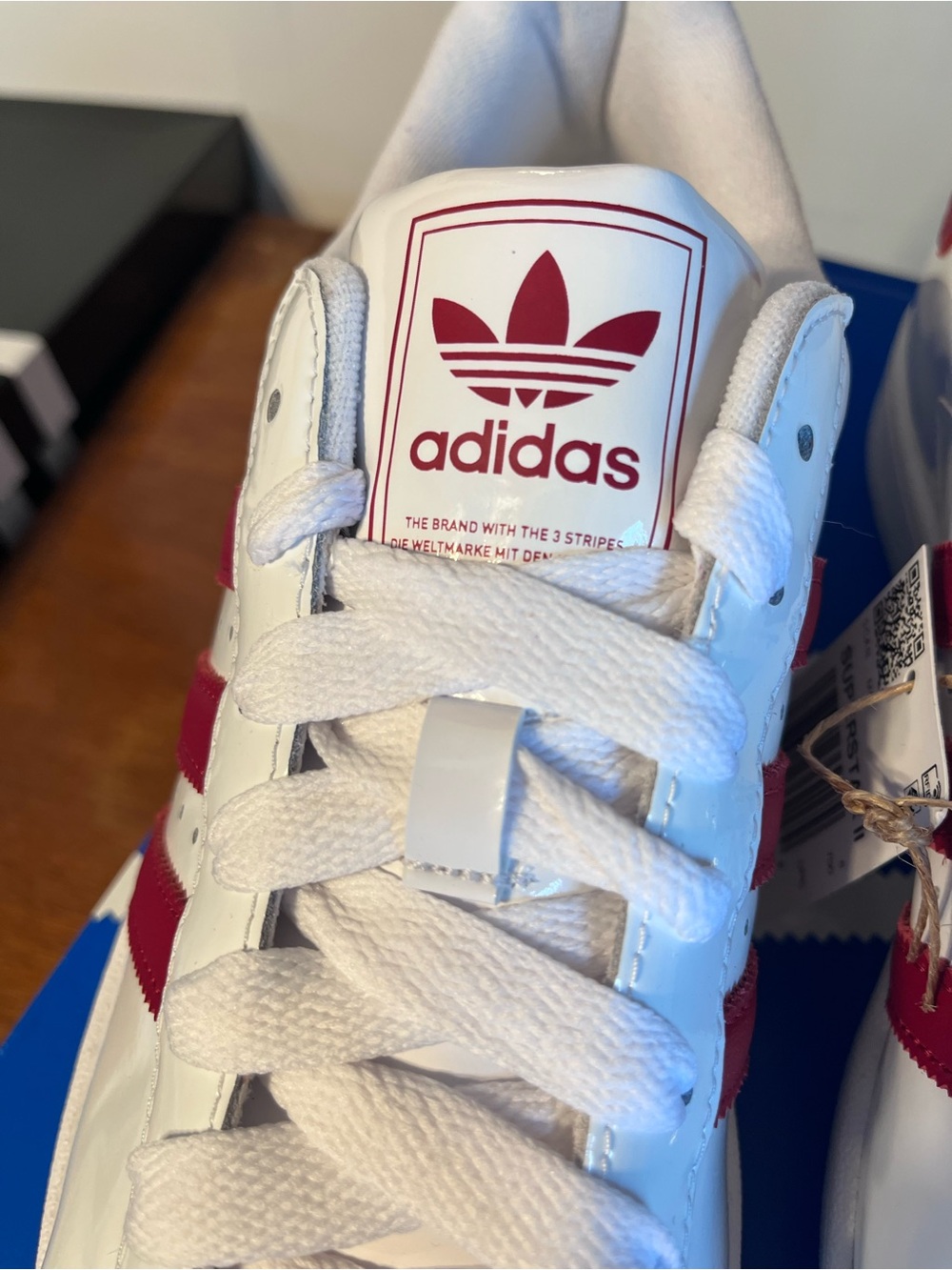 ADIDAS Women's White / Red Patent Leather Superstar II Shoes - Picture 7 of 9